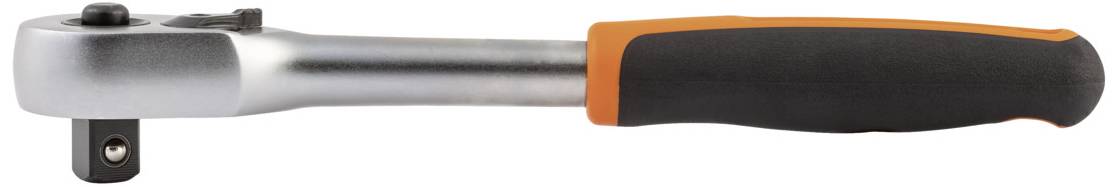 A silver ratchet with a black and orange handle, used for tightening and loosening screws or nuts.