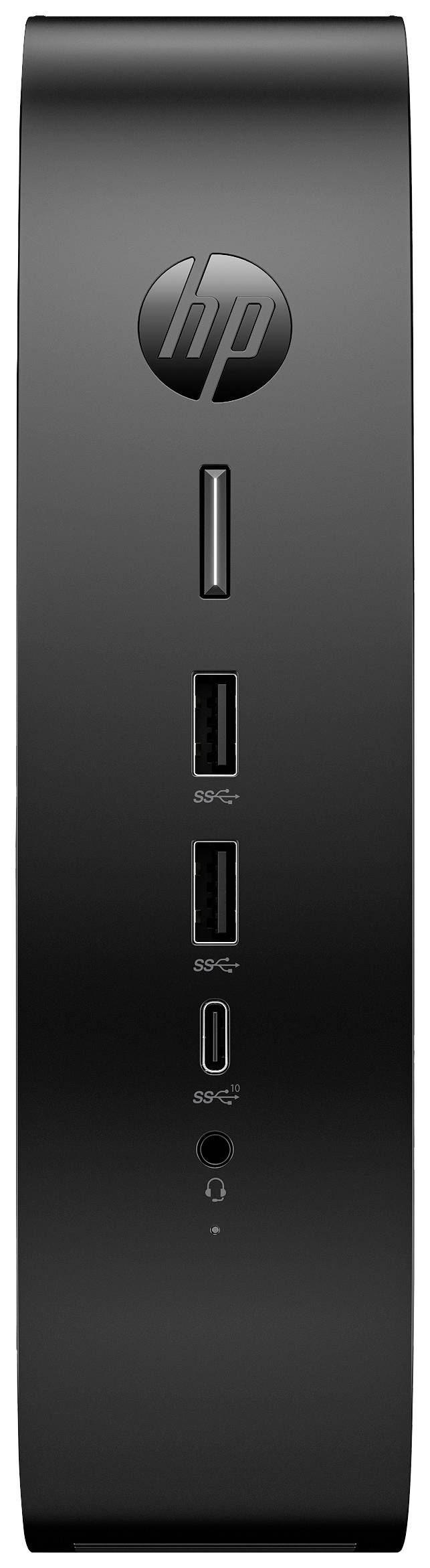 Black mini desktop computer with HP logo on top, three USB ports, including a USB-C port on the front.