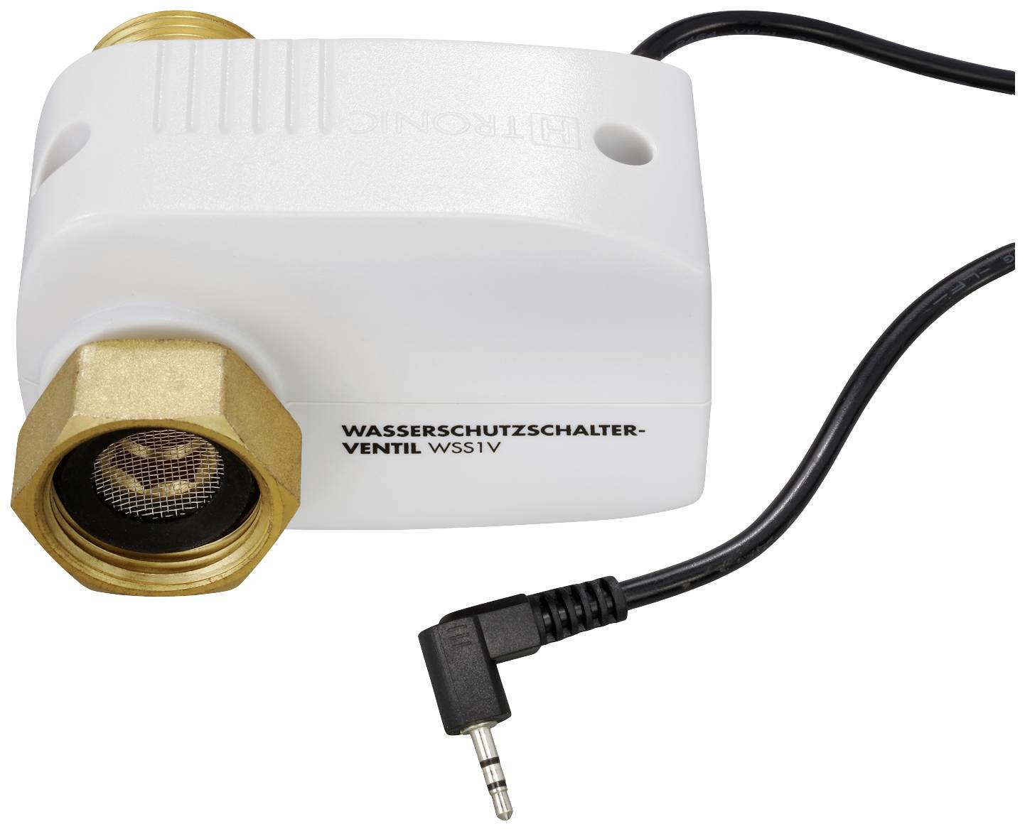 Water protection switch valve WS51V with cable and plug connector, primarily in a white housing with brass thread.