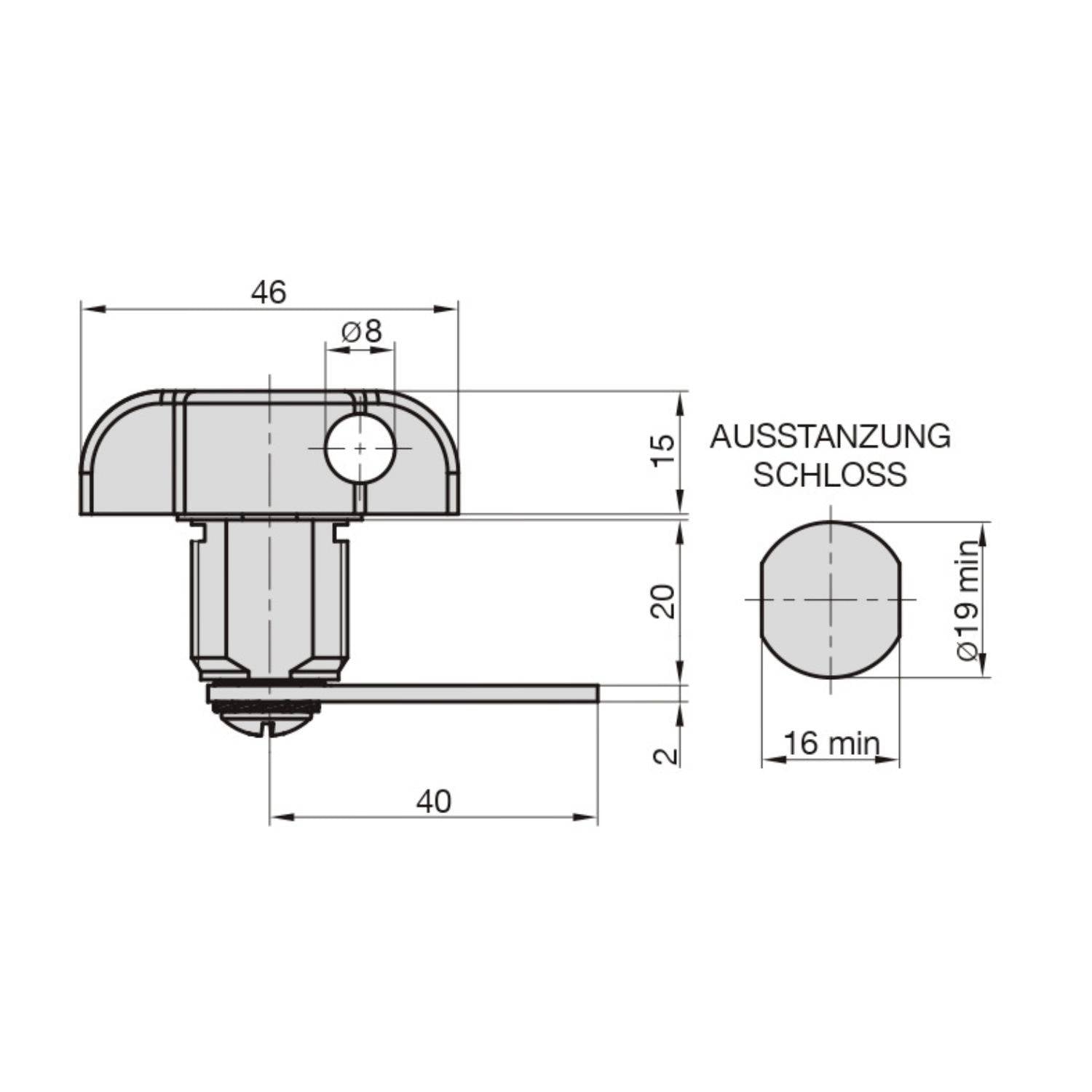 Technical drawing of a lock with dimensions in millimetres. Width: 46, Height: 20, Punch-out: Diameter 8. Additional measurements and details provided.
