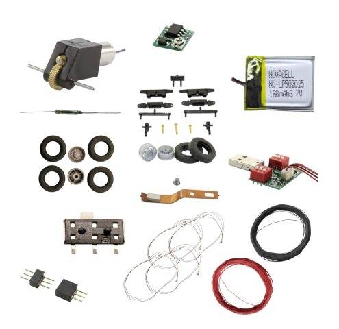Various electronic components and small parts, including motors, switches, cables and small circuit boards on a white background.