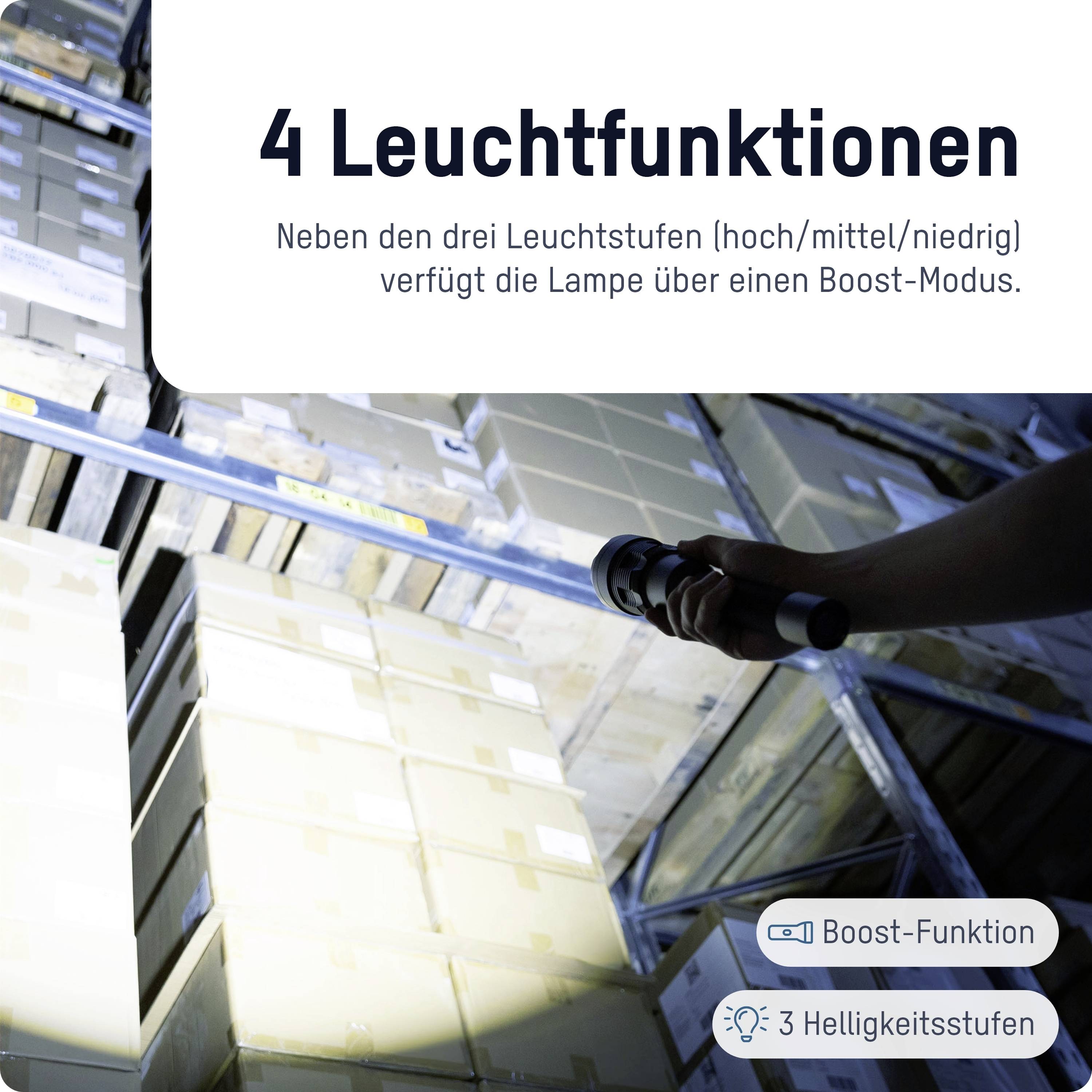 A person is shining a torch in a warehouse full of boxes. Text: '4 Light Functions', including 'Boost Function'.