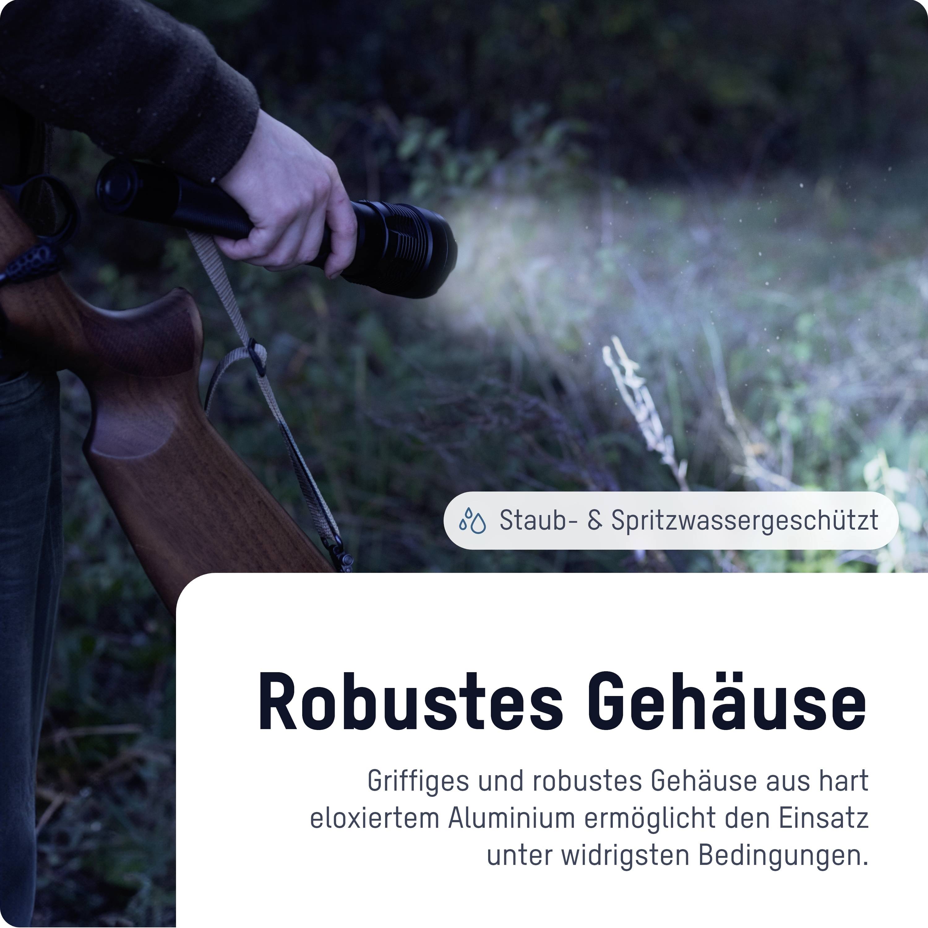 A person holds a torch with a robust casing under dust and water-resistant conditions, illuminating the path.