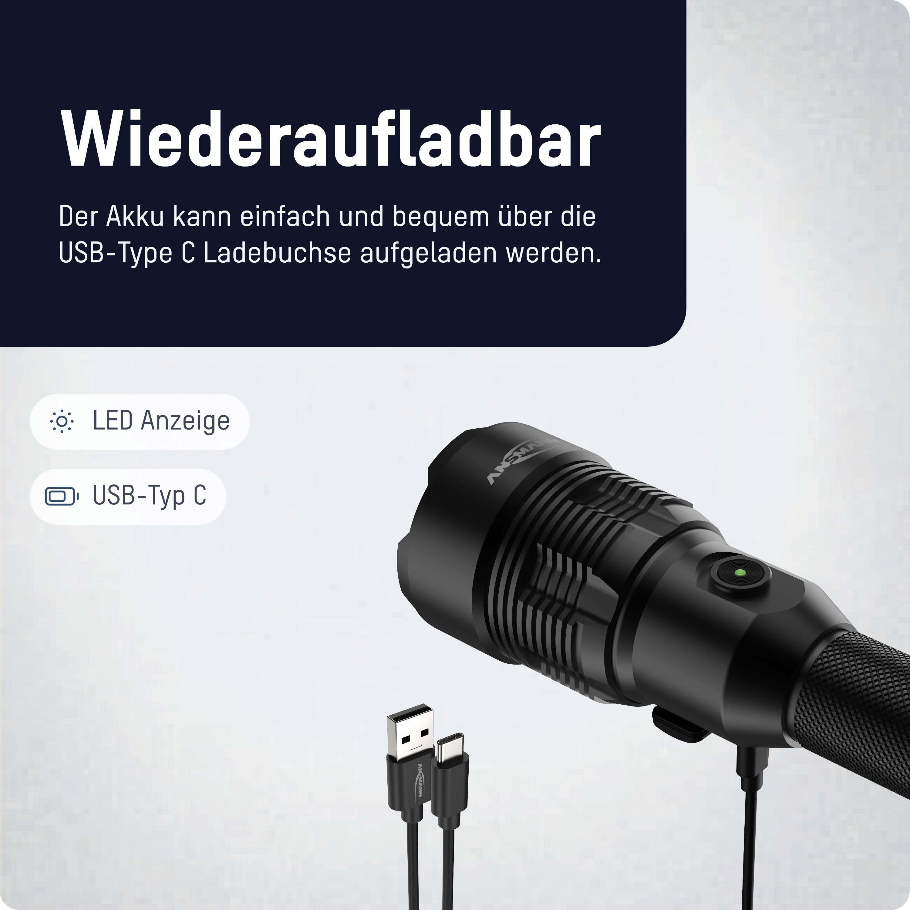 A torch with a USB Type-C connection and LED indicator is shown. The text emphasises the rechargeable function.