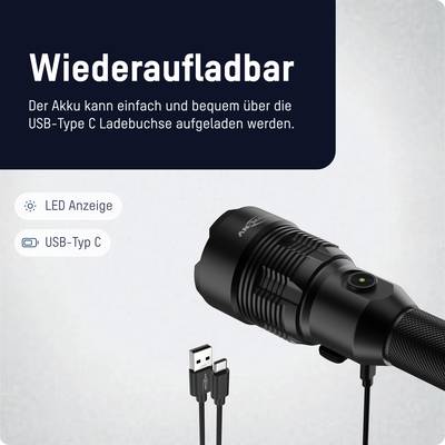 A torch with a USB Type-C connection and LED indicator is shown. The text emphasises the rechargeable function.