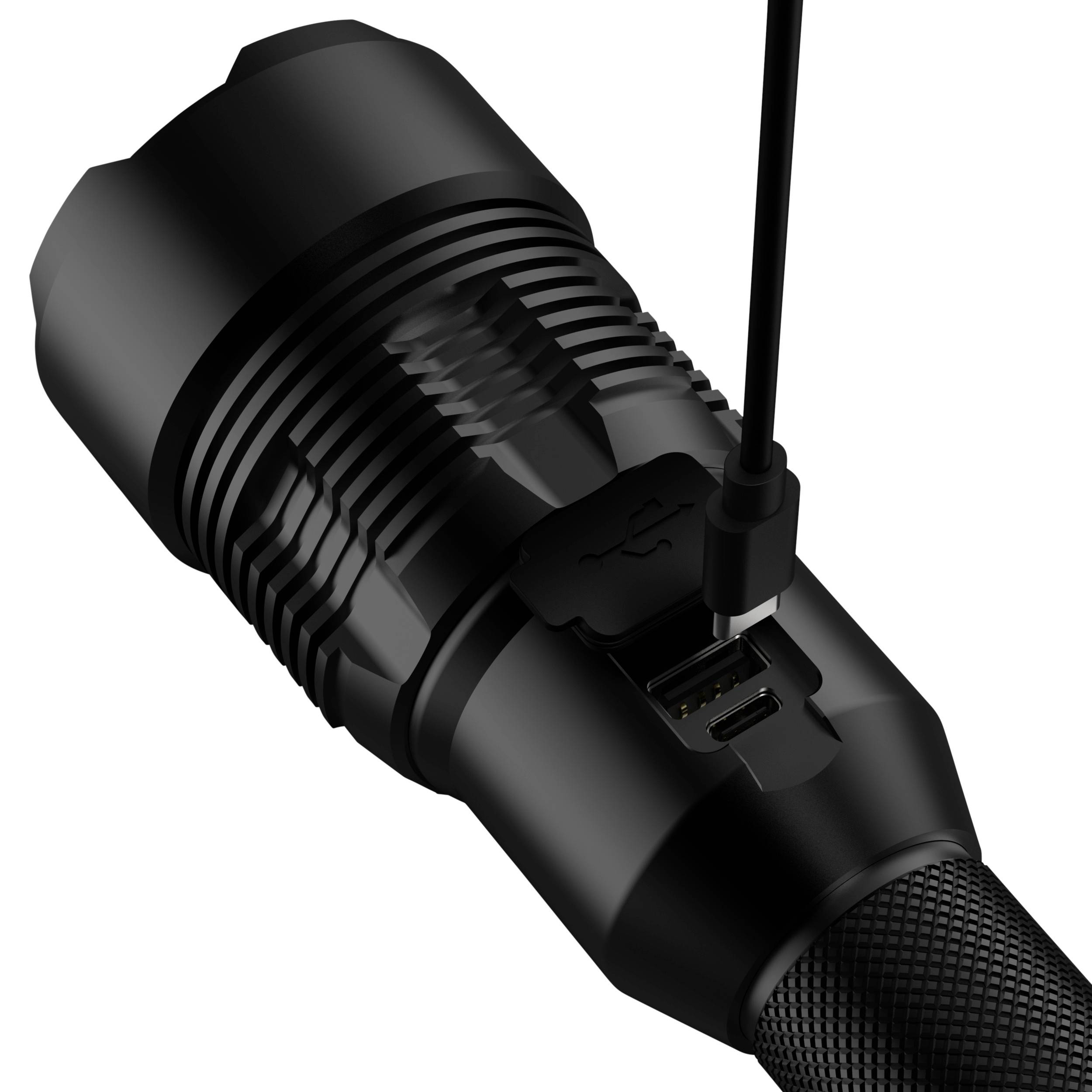 Close-up of a black USB plug connected to a cable. The plug features a USB symbol and an attached cable.