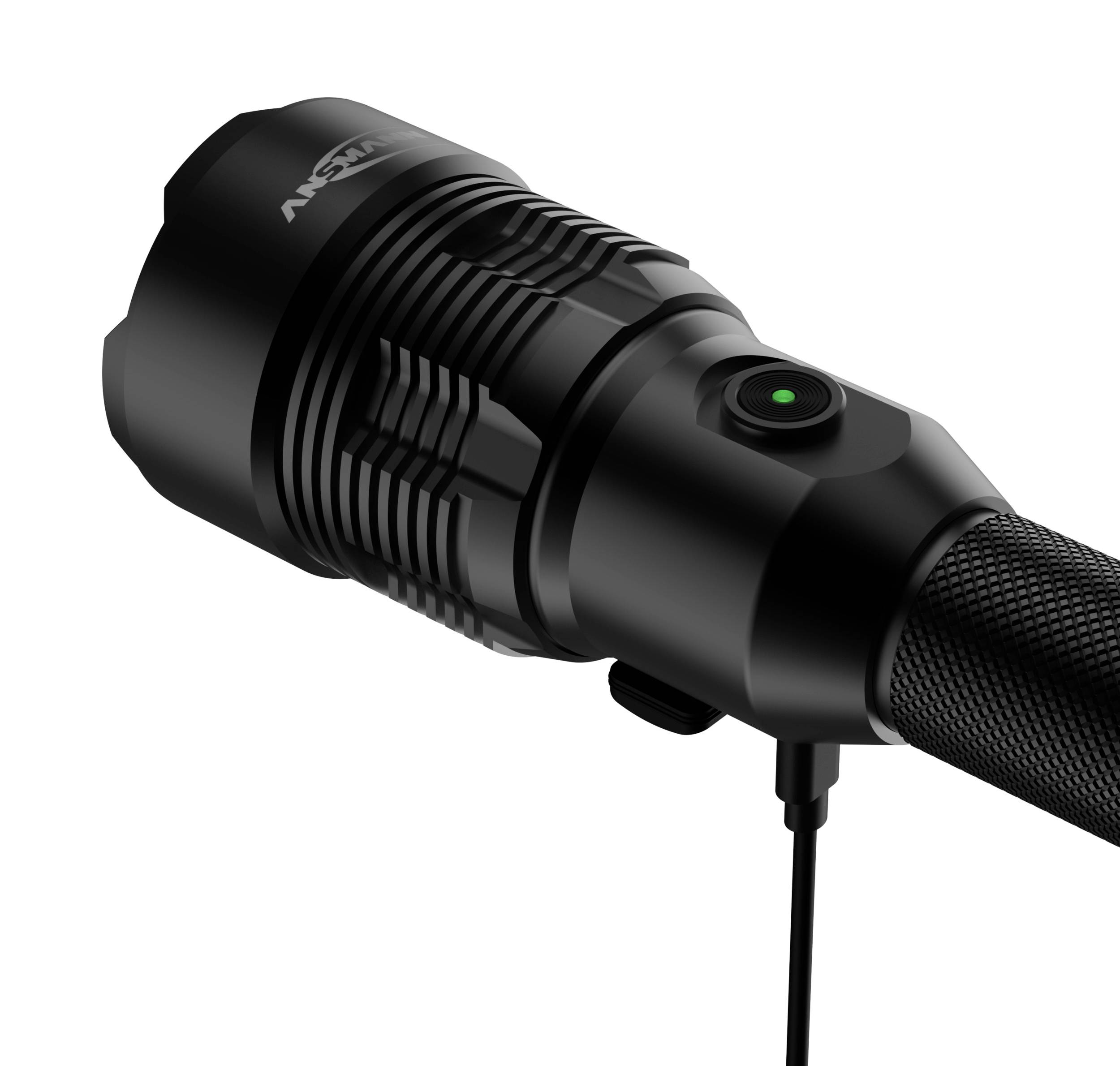 Black torch with textured grip surface and green LED indicator on top; charging cable included.