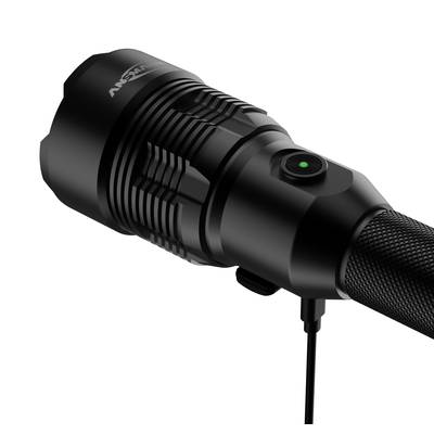 Black torch with textured grip surface and green LED indicator on top; charging cable included.