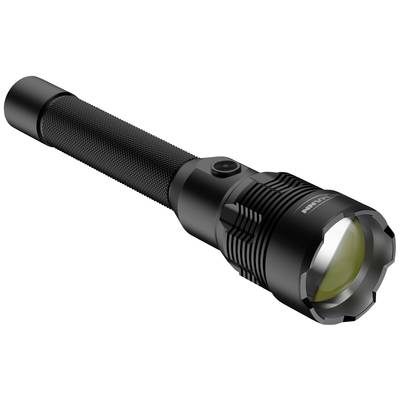 Black, battery-powered torch with a ribbed handle, side button, and a round illuminating beam at the front.