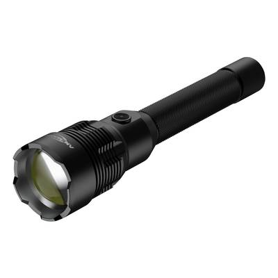 A black torch with a sturdy handle and a lens at the front, suitable for outdoor activities or emergencies.