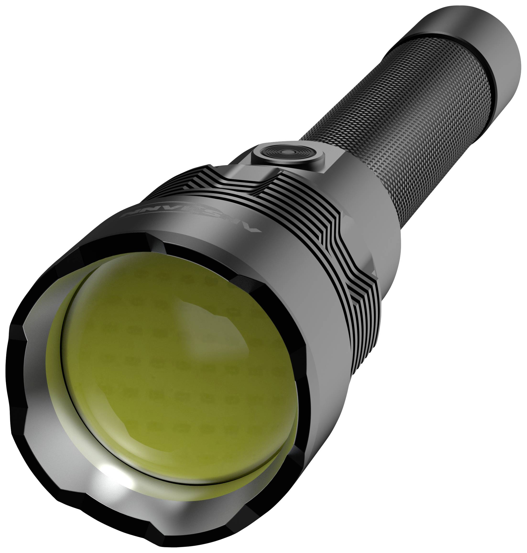 Black torch with ridged handle and large, yellow reflector, side-mounted button.