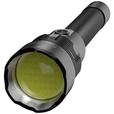 Black torch with ridged handle and large, yellow reflector, side-mounted button.