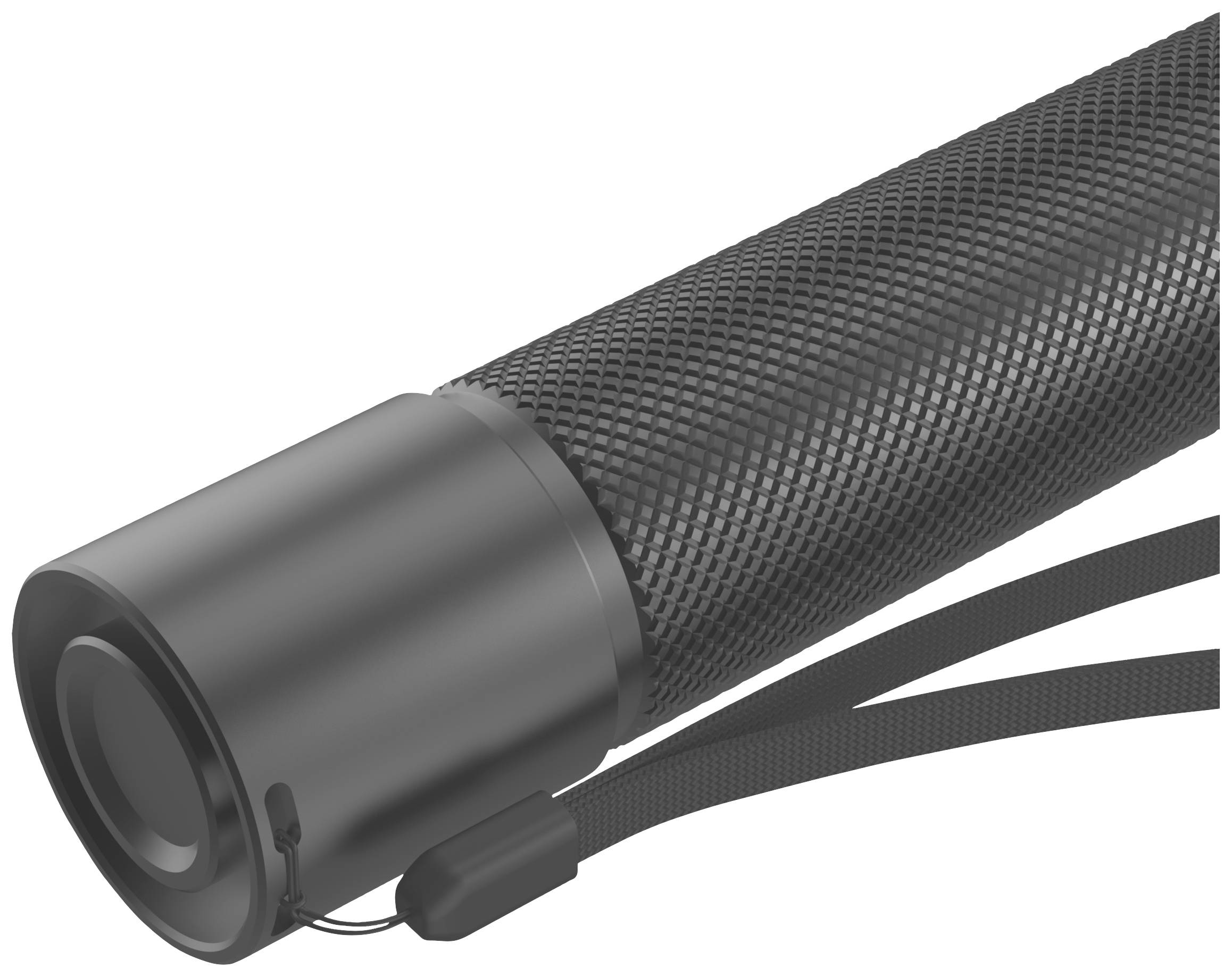 Black torch with non-slip grip and lanyard.