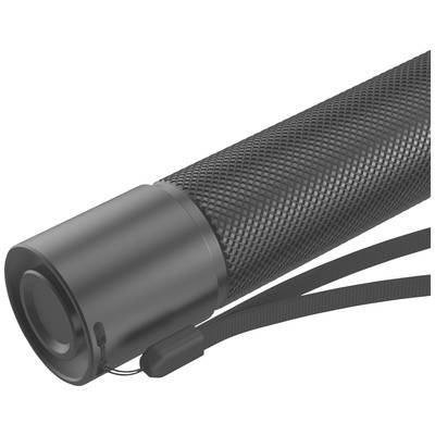 Black torch with non-slip grip and lanyard.