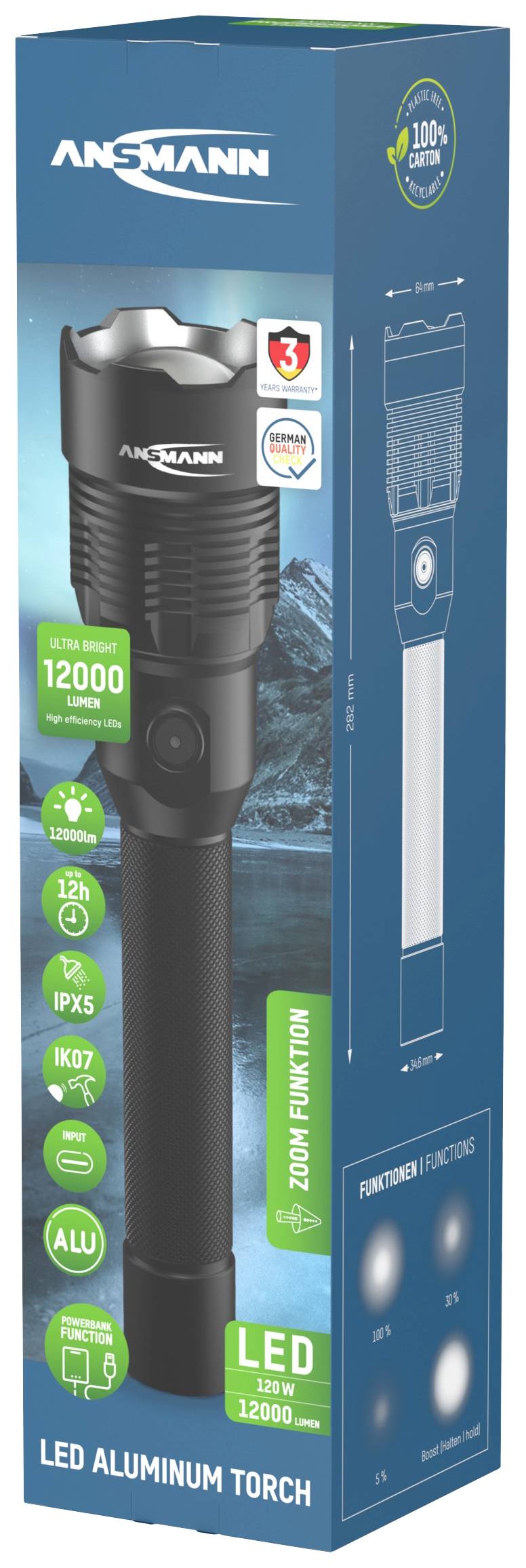 'Ansmann LED Aluminium Torch' packaging shows the product with 12,000 lumens, 12-hour battery life, and waterproof design.