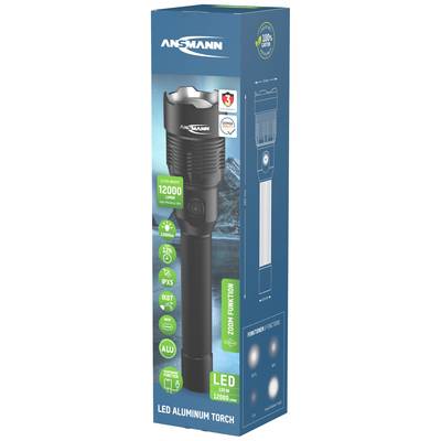 'Ansmann LED Aluminium Torch' packaging shows the product with 12,000 lumens, 12-hour battery life, and waterproof design.