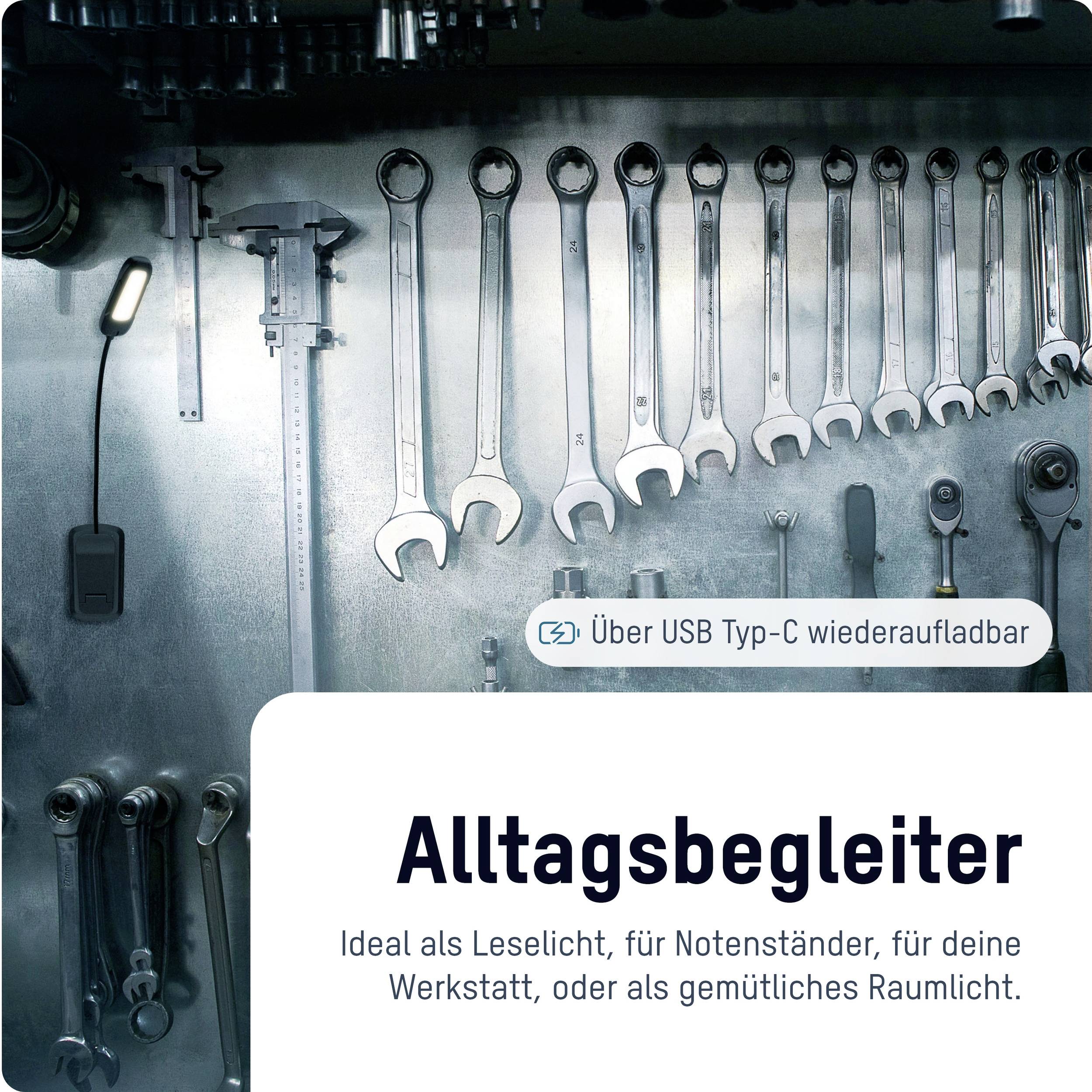 'A workshop wall with hanging tools and a mobile phone in a holder. Text: Rechargeable via USB-C. Everyday companion.'