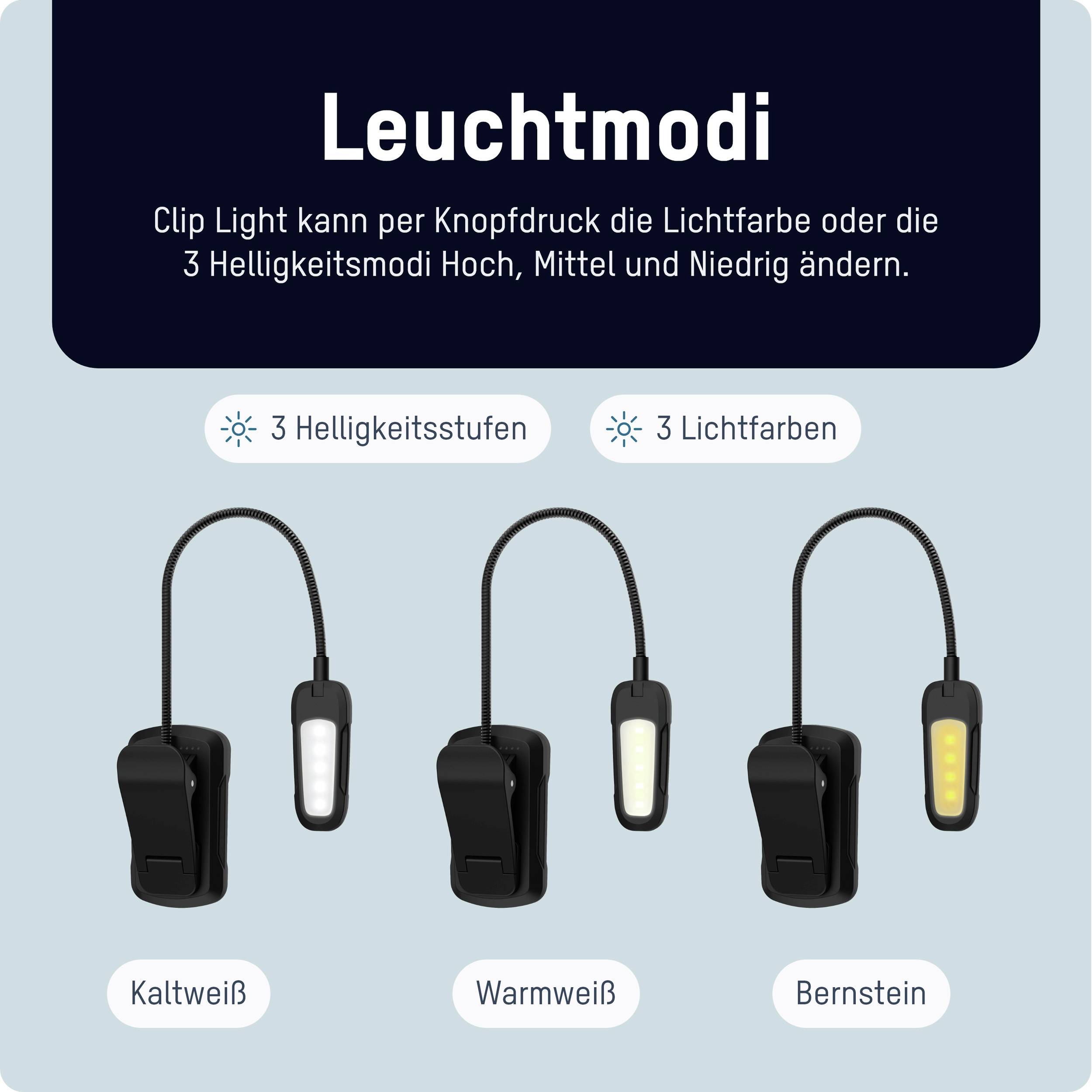 'Light Modes: Clip Light with Push Button, 3 Brightness Levels and Light Colours; Cool White, Warm White, Amber.'
