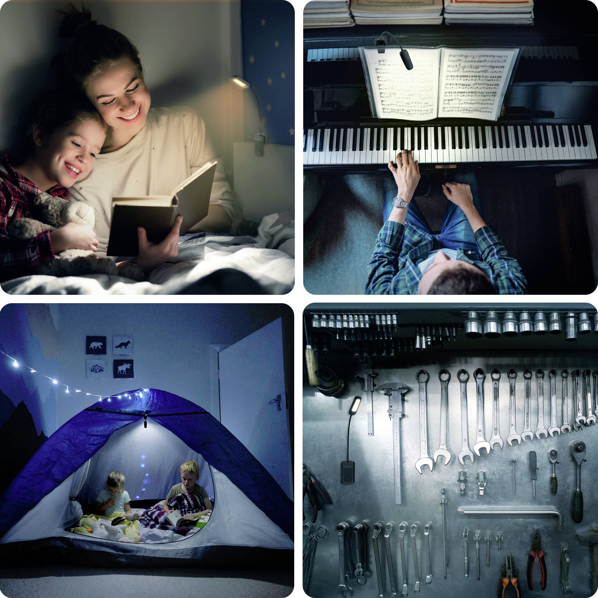 Top left: Woman reading to child in bed. Top right: Person playing piano. Bottom left: Two children in tent. Bottom right: Wall with tools.