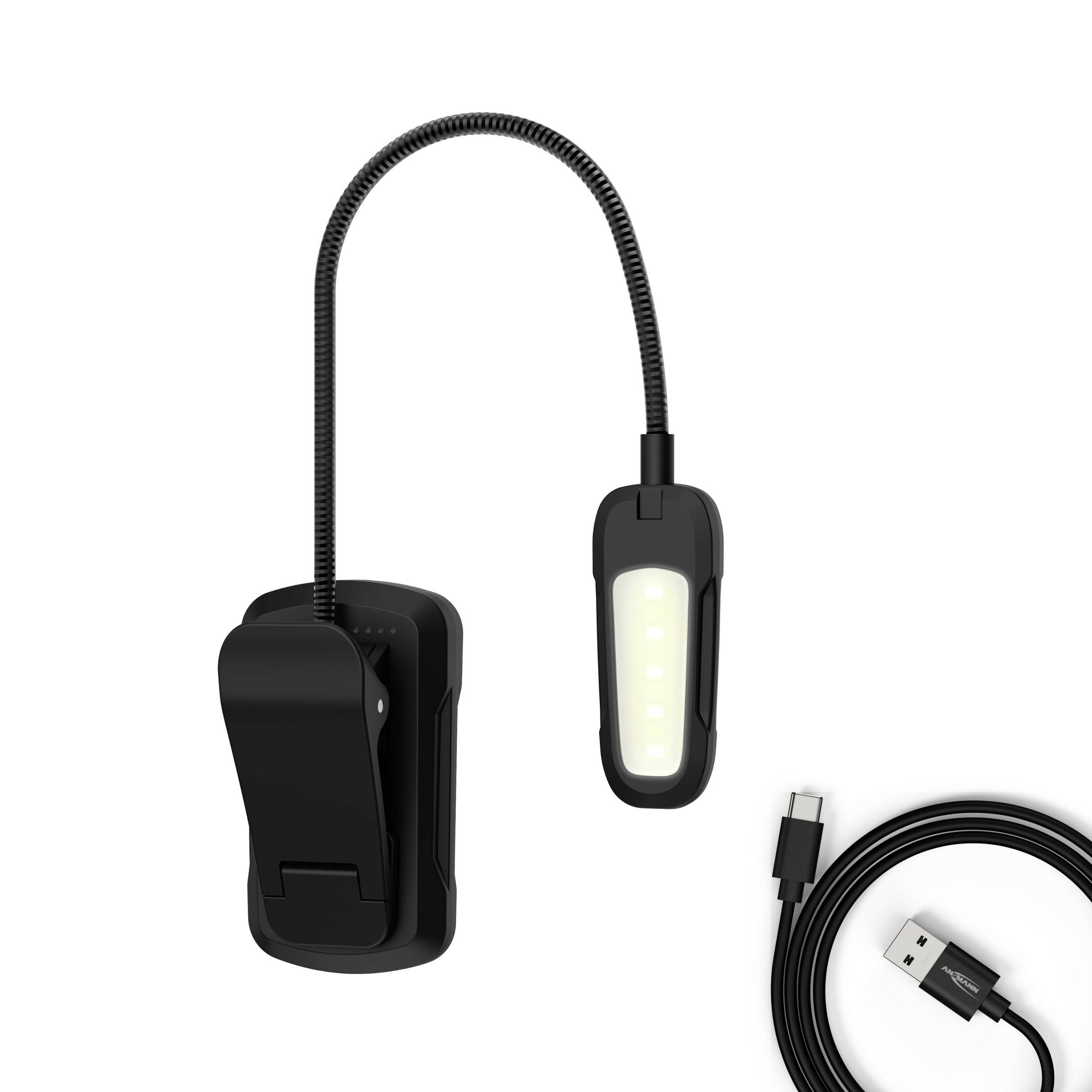 Small, clip-on LED lamp with flexible neck and USB cable. Ideal for spot lighting or work surfaces.