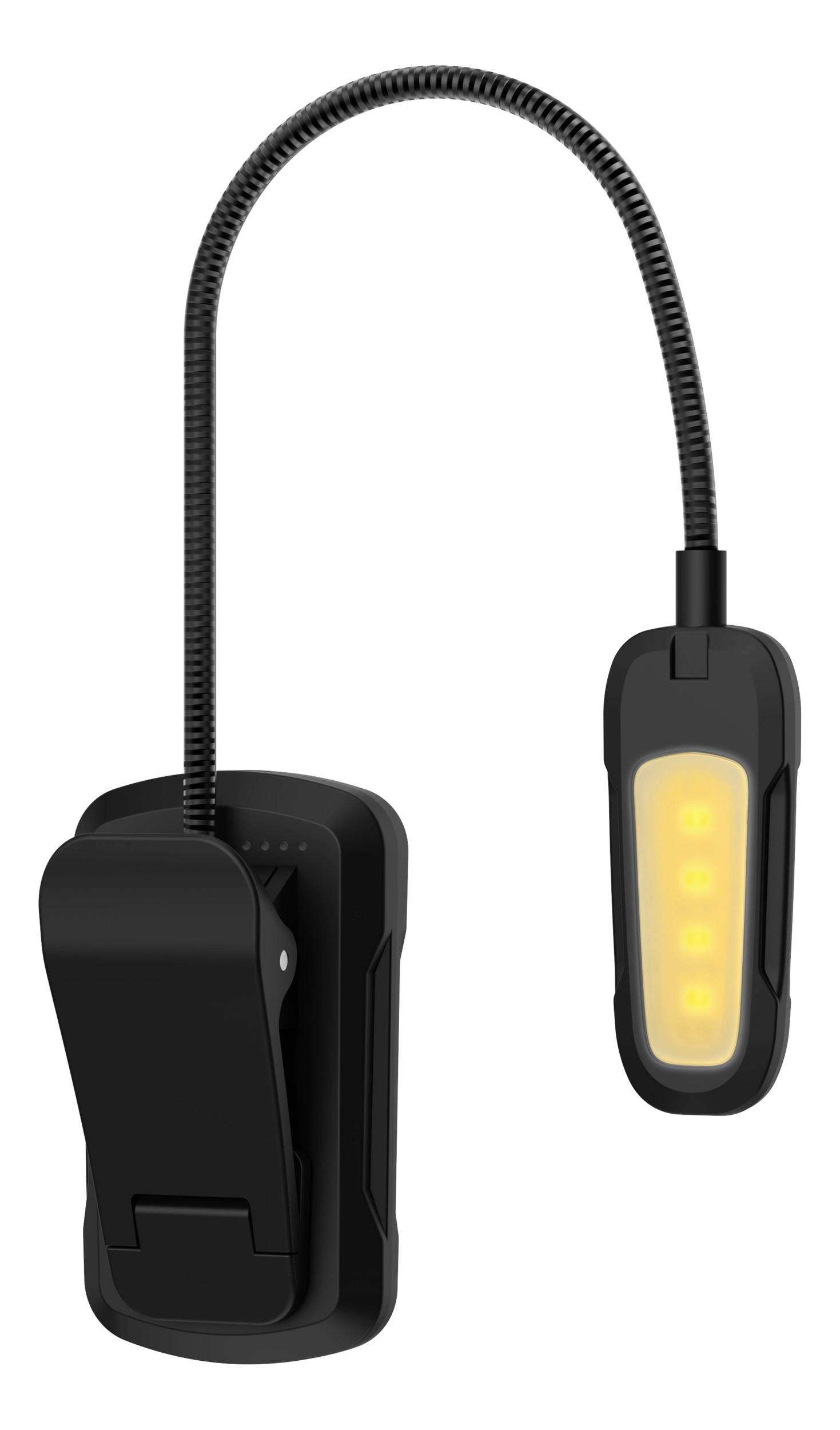 A black LED reading lamp with a flexible neck and clip for attaching to books or furniture. It illuminates with warm, yellow light.