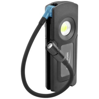 A black, portable LED lamp with a flexible neck and adjustable head. It is compact and suitable for versatile lighting.