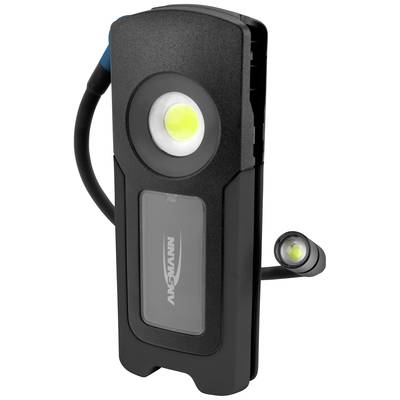 Black LED work light with flexible lamp arm and carry handle. Light source at the front and on the arm, compact and portable.