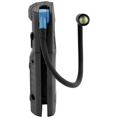 Portable LED work light with flexible arm and robust housing in black and blue.