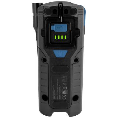 Rear view of a portable electronic device with a USB port and charging indicator. Device shows three green charging bars.