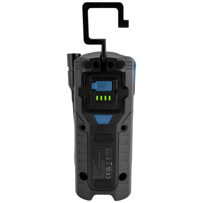 A portable electronic device with a hook at the top, three illuminated green lights, and a blue button in the centre.