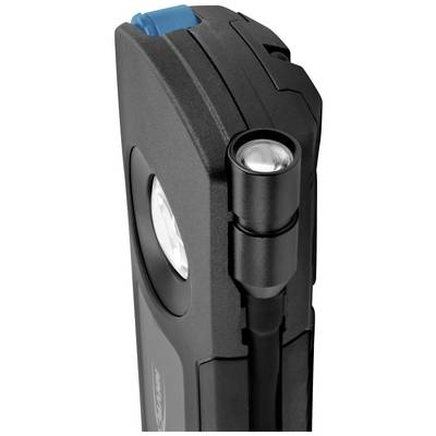 A black and grey, portable LED work light with an adjustable head and blue button on the top, suitable for workshop lighting.