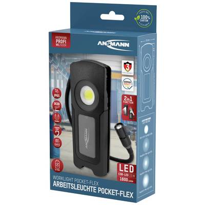 'ANSMANN' Pocket-Flex Work Light, LED with COB-LED 15W, 1600 Lumens, IP65, 2-in-1 Function, as pictured on packaging.