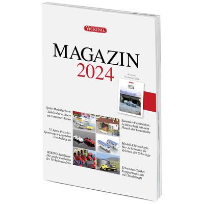 Cover image of the 'Wiking Magazine 2024'. Preview of models and articles about miniature vehicles, including a tractor, a bus and a petrol station.