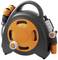 A compact, portable garden hose reel with an integrated spray nozzle, in black and orange, for easy watering.