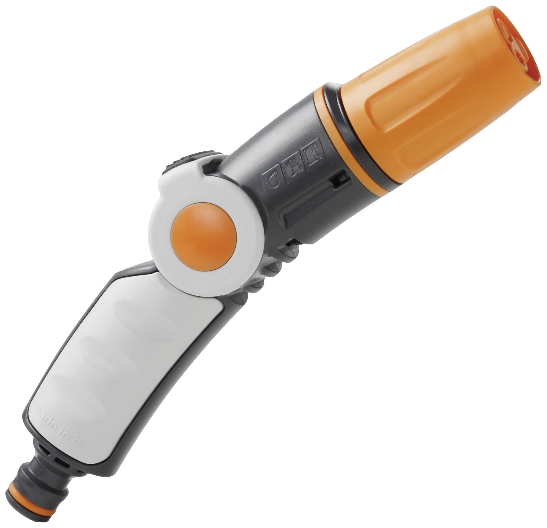 Grey and orange garden spray with adjustable spray head. Suitable for watering plants in the garden.