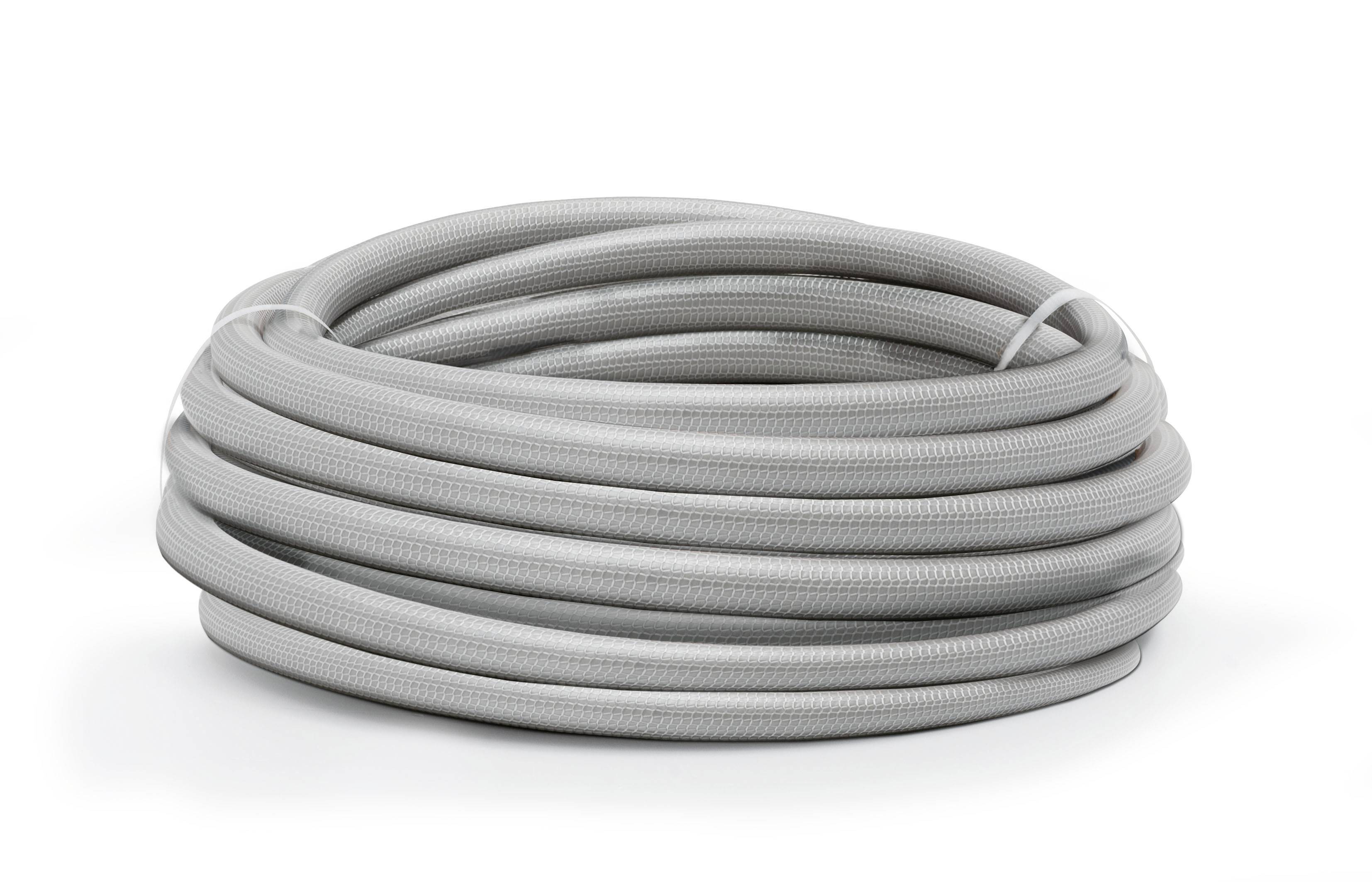 A coiled grey garden hose lies on a white background.