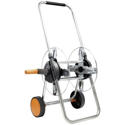 A mobile hose trolley with a handle, two wheels and mountings for a garden hose, suitable for gardening tasks.