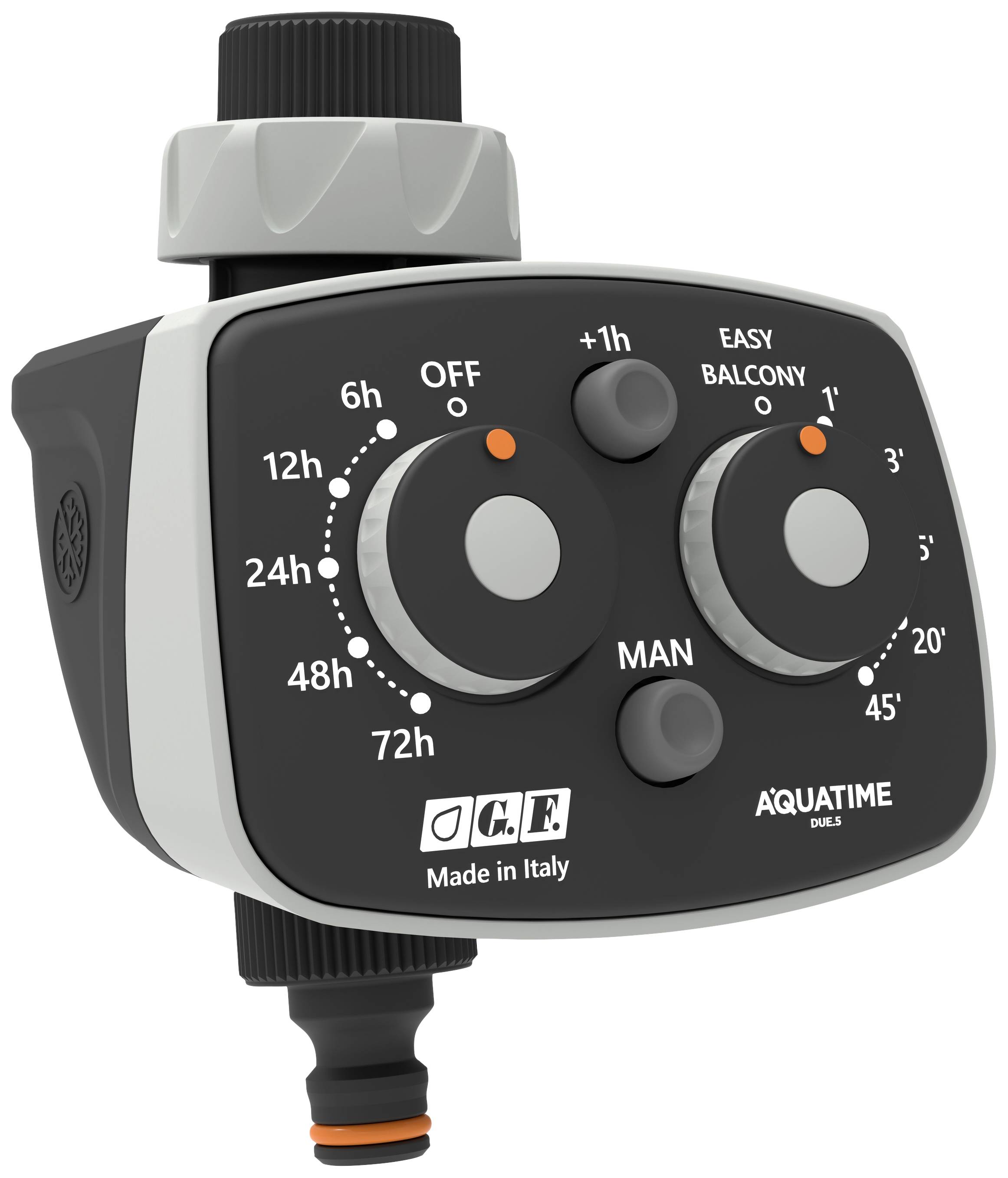 An irrigation timer with two rotary knobs for setting frequency (12h to 72h) and duration (5 to 55 minutes). 'Aquatime'.