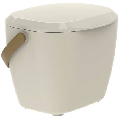 A beige plastic bucket with a lid and brown handle. The bucket has a rounded rectangular shape and appears sturdy and functional.