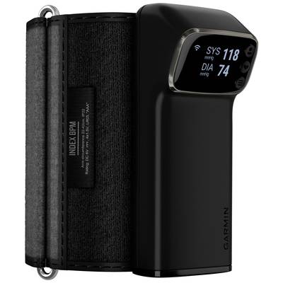 A digital blood pressure monitor displays readings: Systolic 118 mmHg, Diastolic 74 mmHg. Device is black and compact.