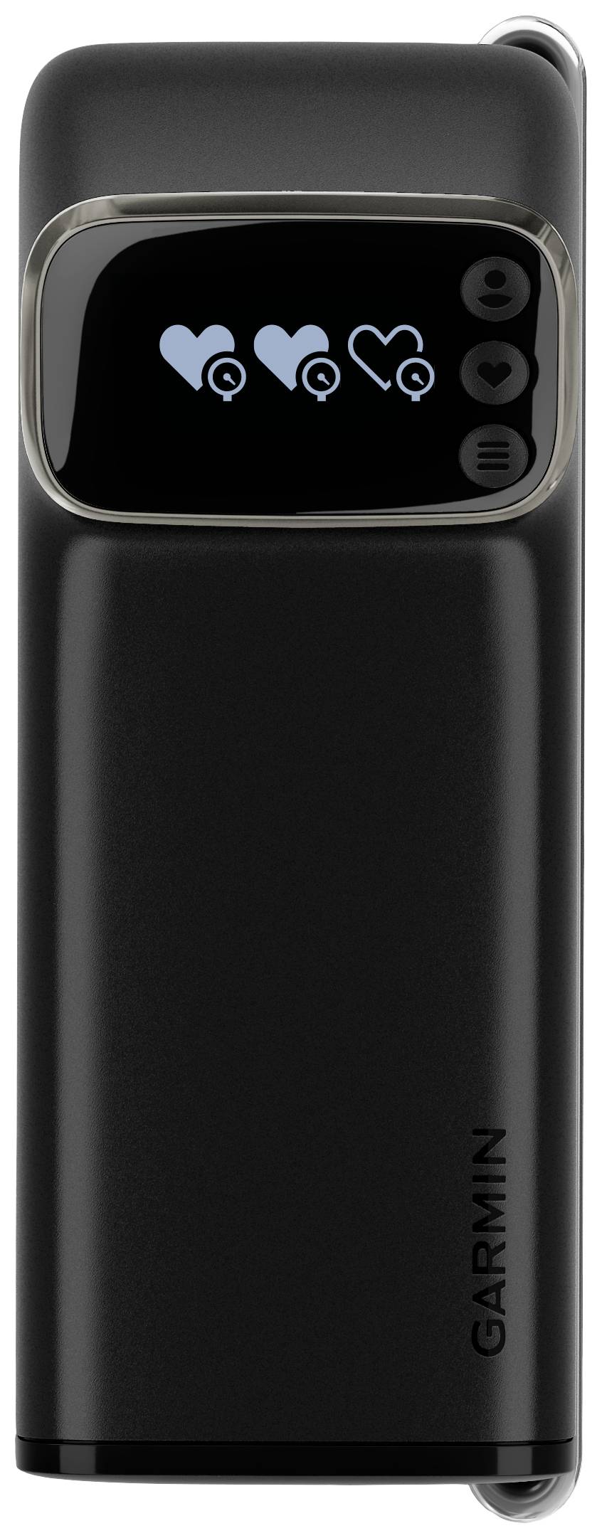 A black Garmin device with a display showing four heart symbols, possibly a health or fitness monitor.