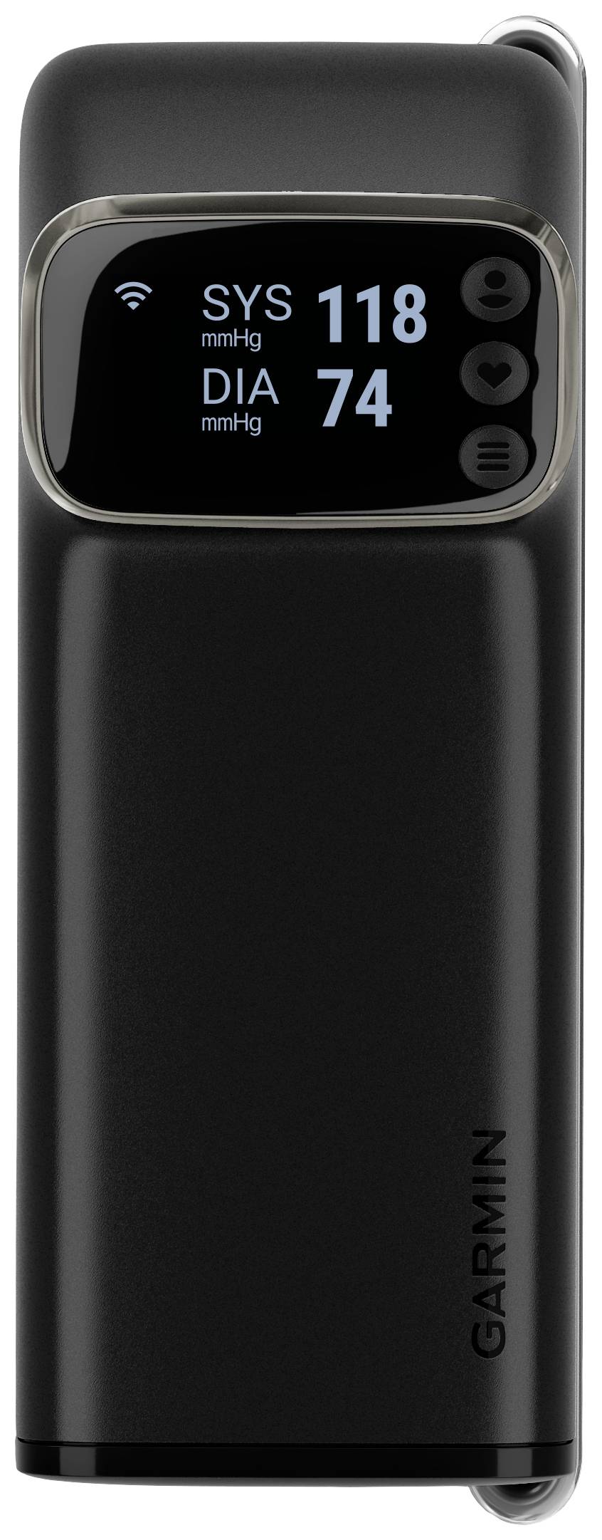 A blood pressure monitor with a digital display shows 'SYS 118 mmHg' and 'DIA 74 mmHg'. 'Garmin' marking on the side.