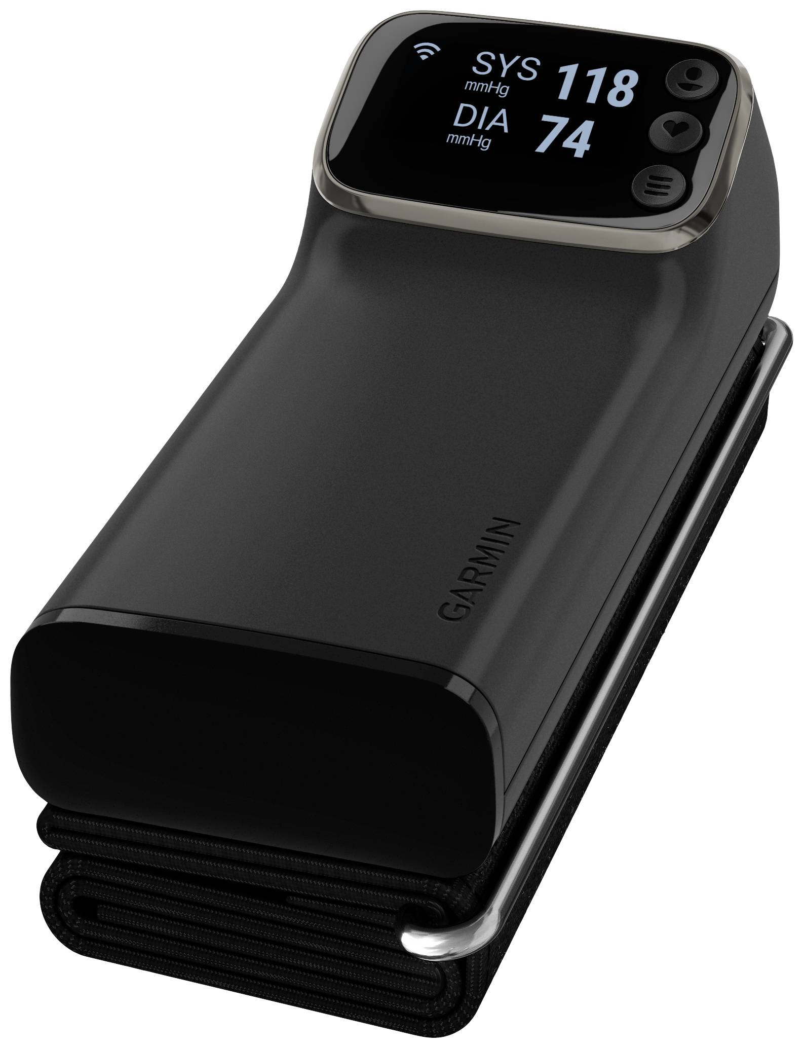 A digital blood pressure monitor displays the readings 'SYS 118 mmHg' and 'DIA 74 mmHg'. The device has a modern, compact design.