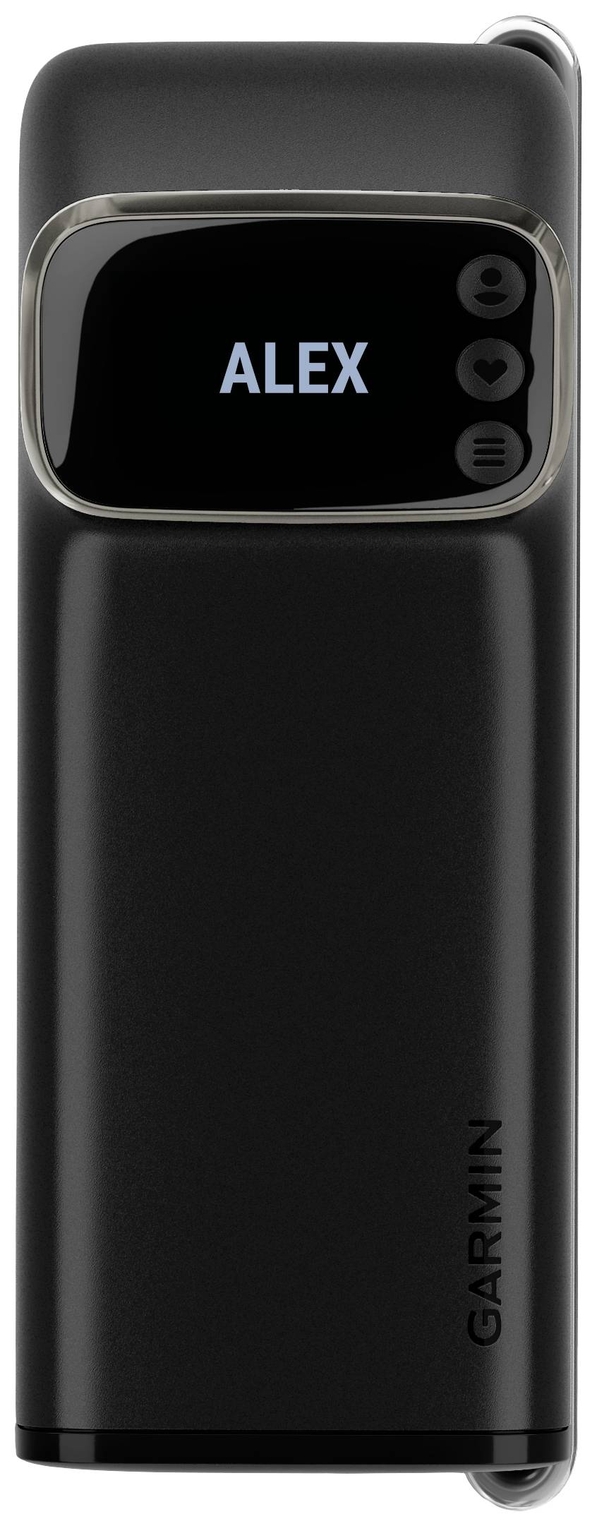 Black, rectangular electronic device with a small display at the top, reading 'ALEX', Garmin brand visible.
