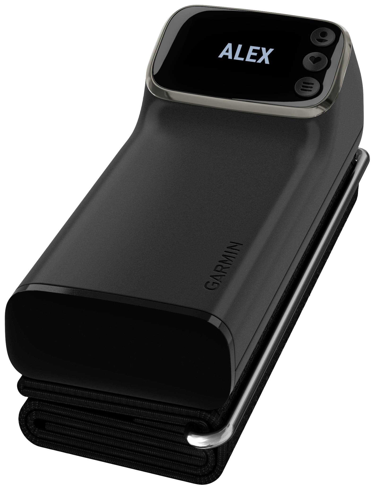 Black handheld device with a curved display. Display shows the name 'ALEX'. The body appears to be made of a material that looks black and glossy.