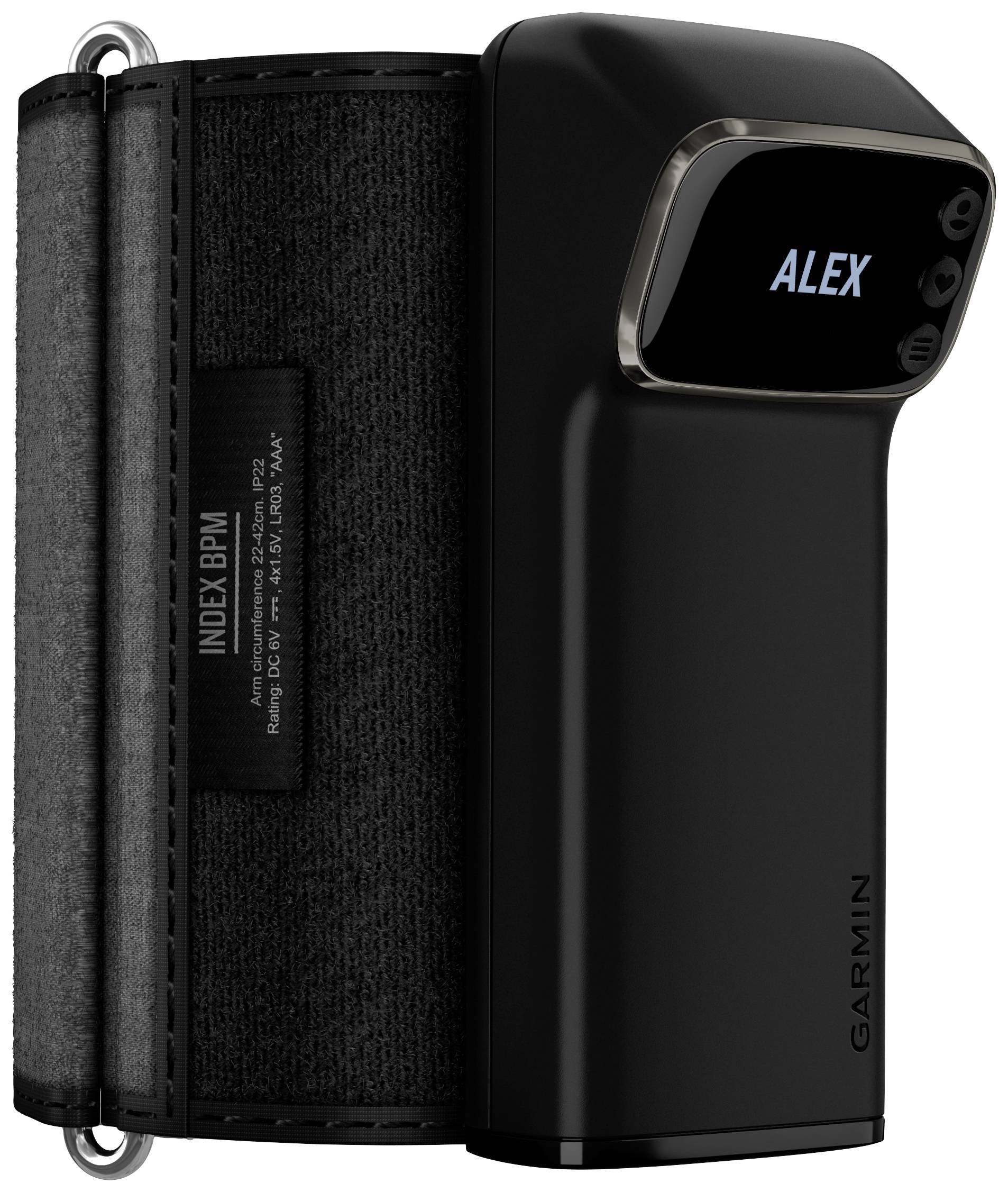 Electronic blood pressure monitor with digital display; reads the name 'Alex'. Device by Garmin, sleek black design.