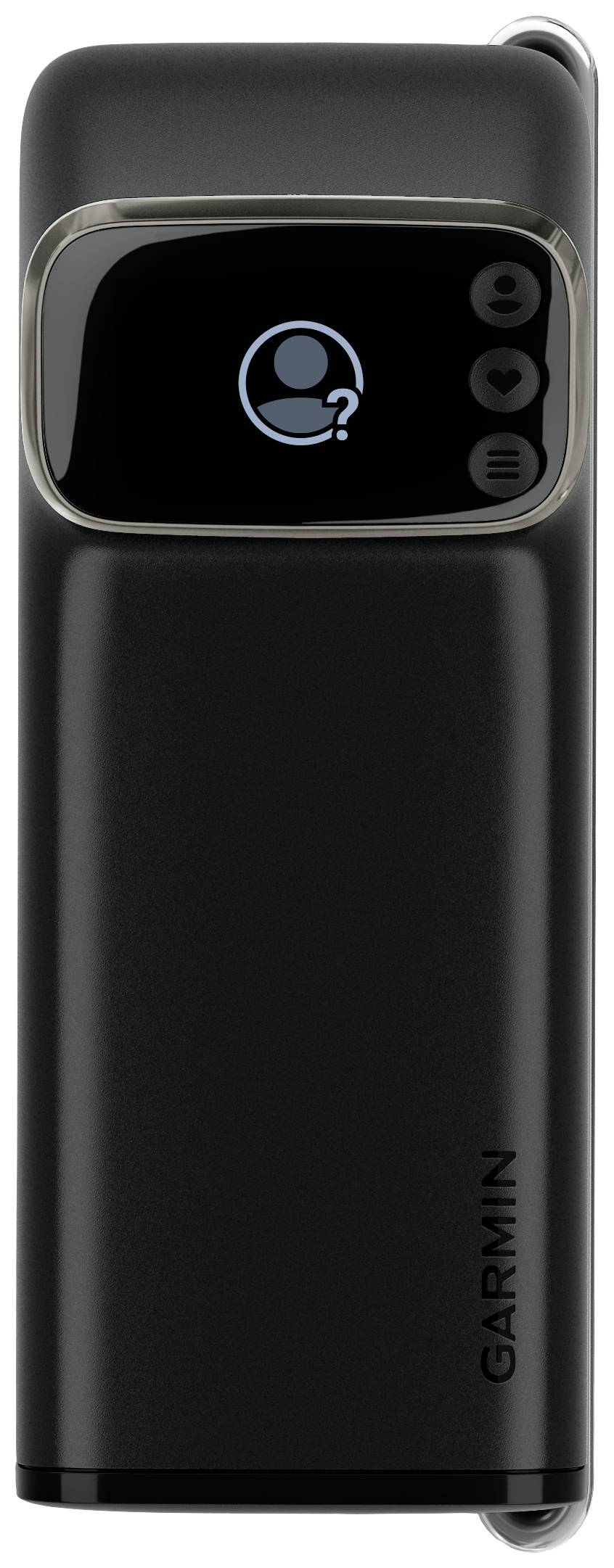 Black Garmin device with a display showing a user profile icon and question marks. Device used for communication and navigation.