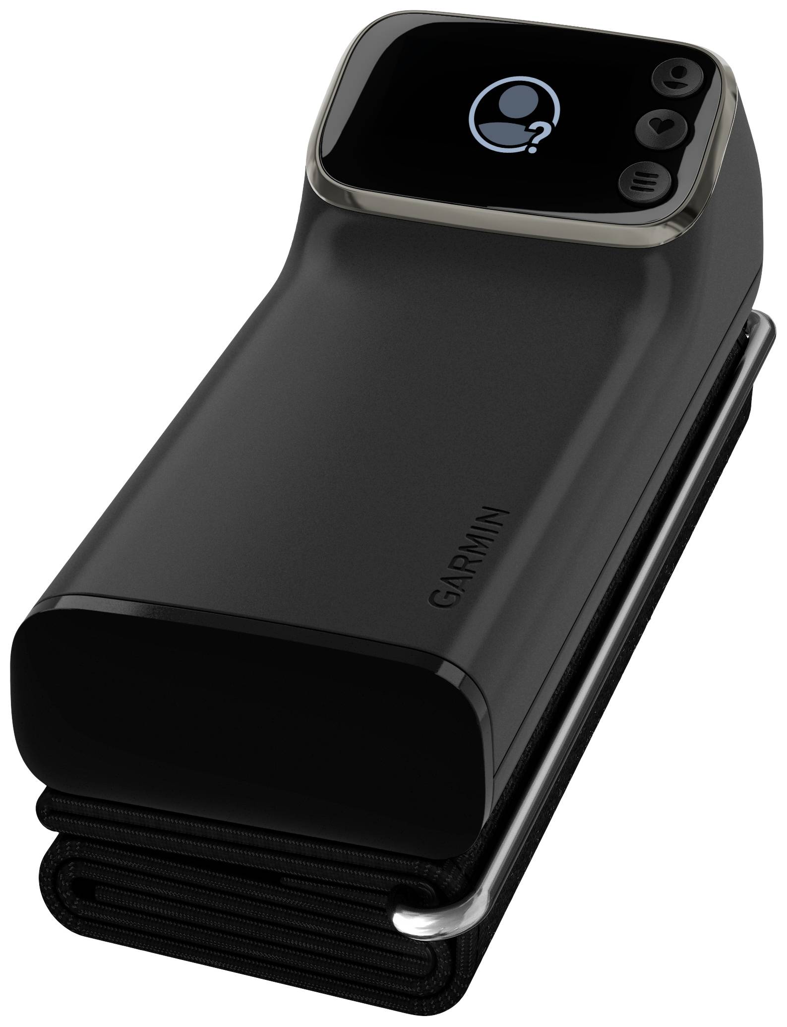 A black, compact device with a display showing a question mark symbol over a head.