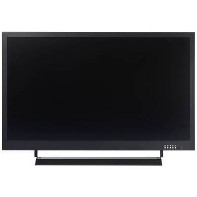 A black, switched-off monitor with a stand, shown in a front view.