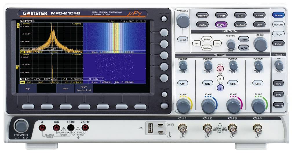 A digital oscilloscope with a screen displaying a signal diagram. There are numerous control buttons and ports.